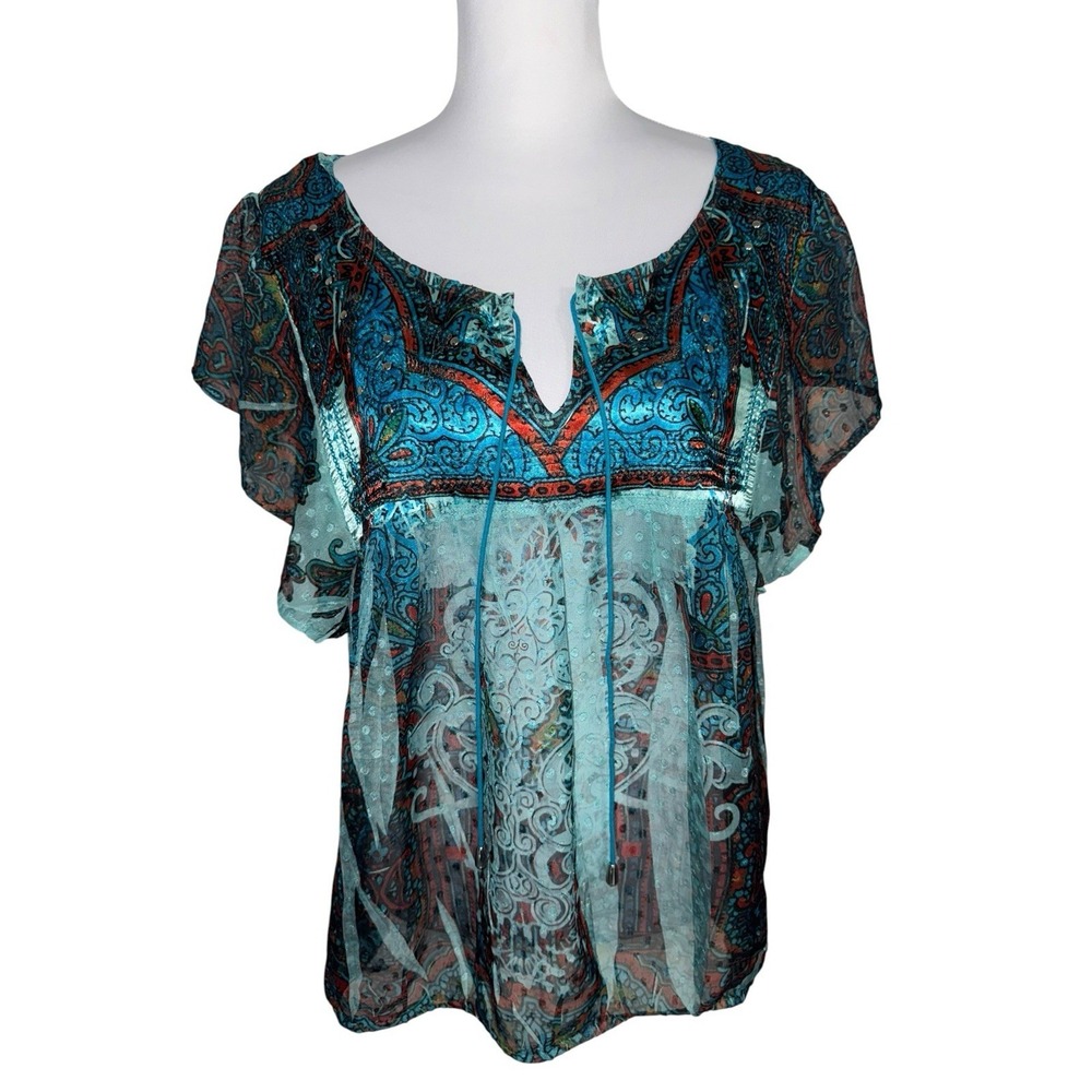 Y2K One World XL Boho Peasant Top Paisley Sheer Embellished Flutter Sleeve Fairy
